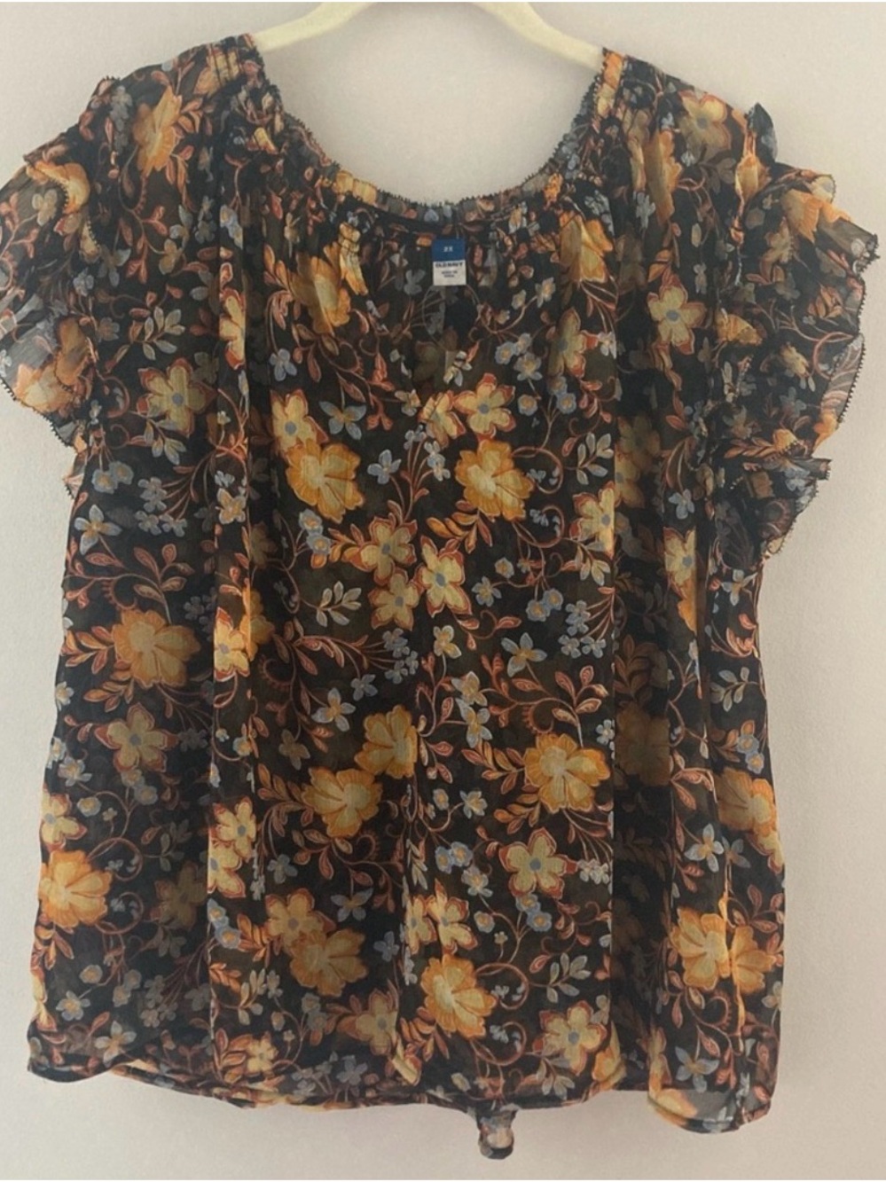 NWT Old Navy Black Yellow Floral flutter Short-Sleeve button Women's Top 2x